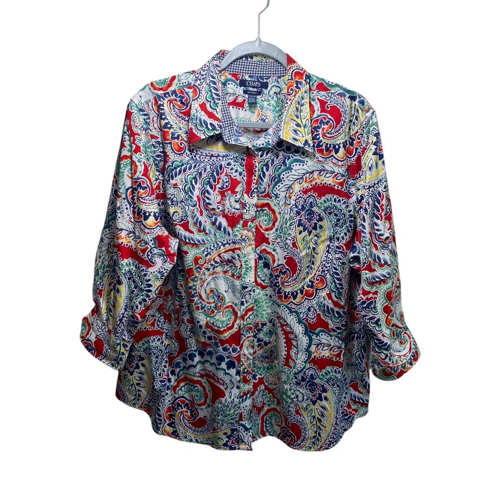 Chaps No Iron 100% Cotton Flip Cuff Cottage Floral‎ Long Sleeve Button Up Top 2X